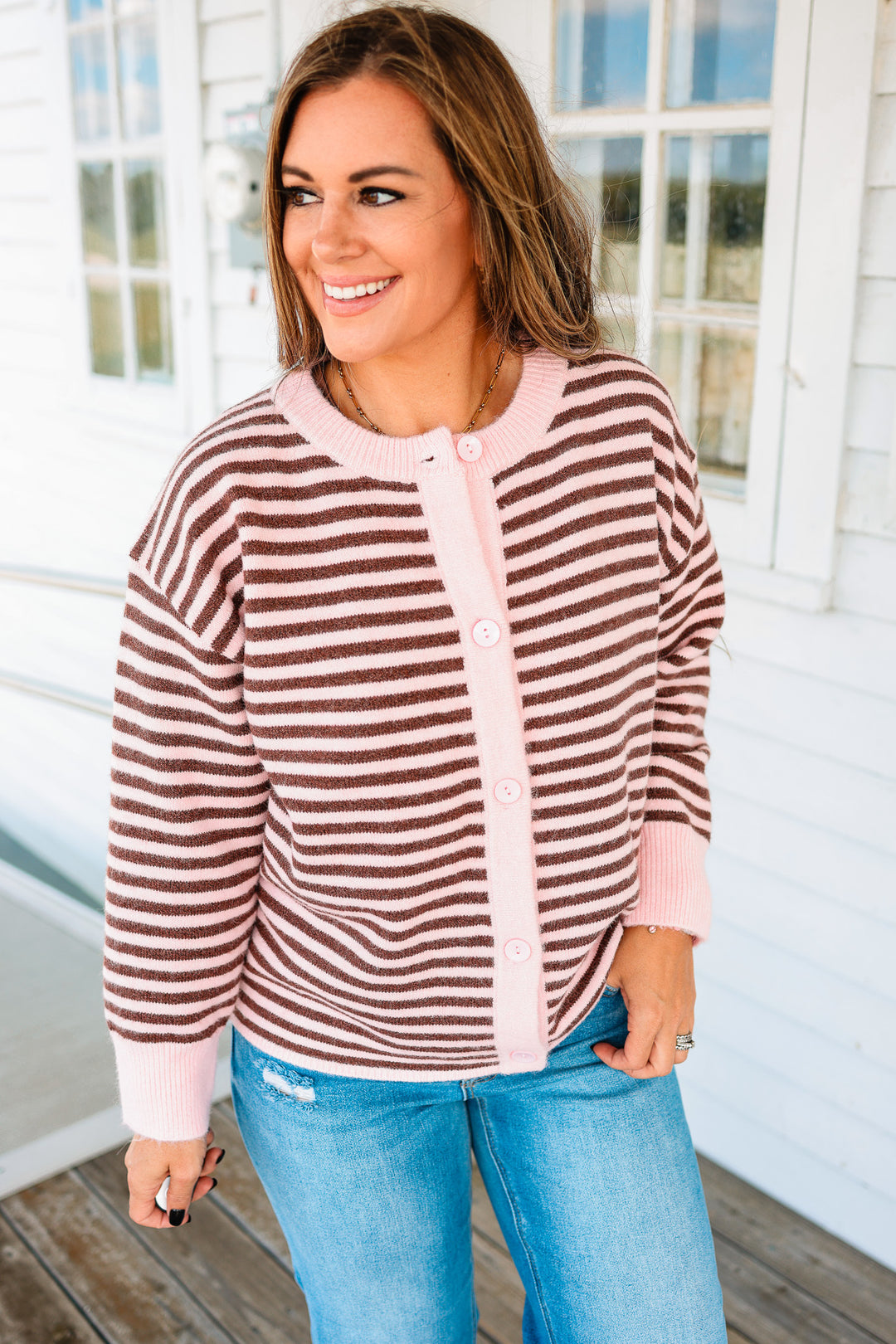 Jayla Striped Button Down Cardigan - Pink/Sepia