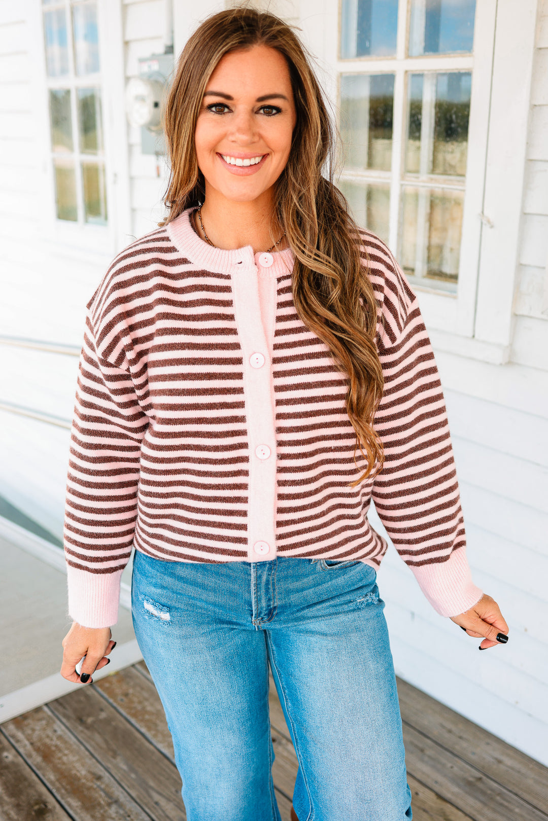 Jayla Striped Button Down Cardigan - Pink/Sepia