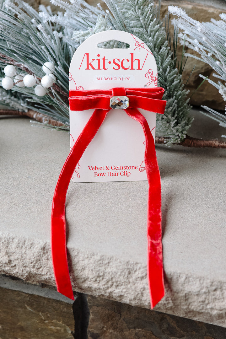 Holiday Velvet & Gemstone Bow Hair Clip