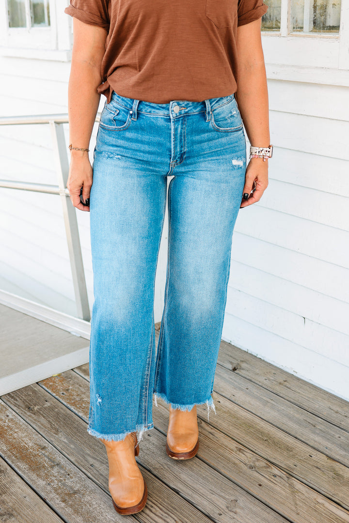 RISEN: Julien Mid Rise Crop Fray Hem Jeans