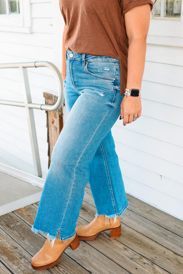 RISEN: Julien Mid Rise Crop Fray Hem Jeans