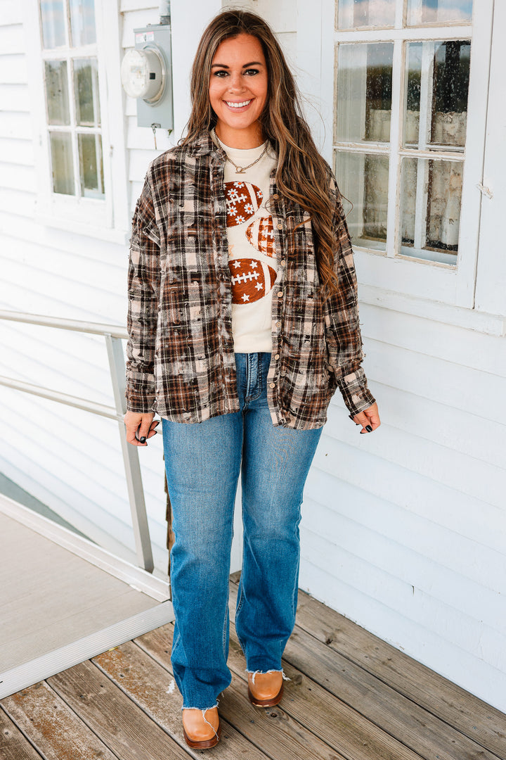 Alexa Distressed Button Down Flannel - Brown