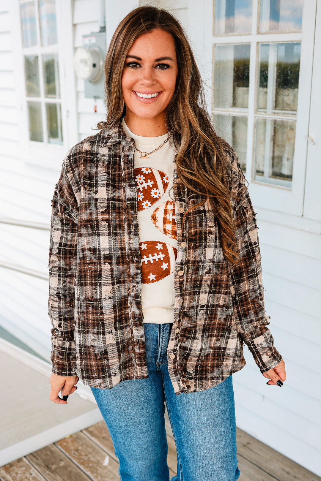 Alexa Distressed Button Down Flannel - Brown