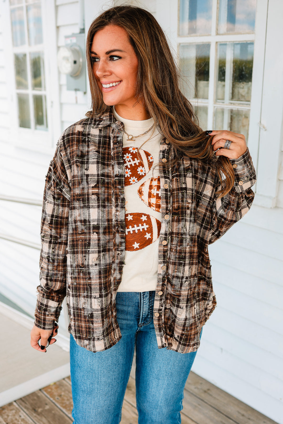 Alexa Distressed Button Down Flannel - Brown