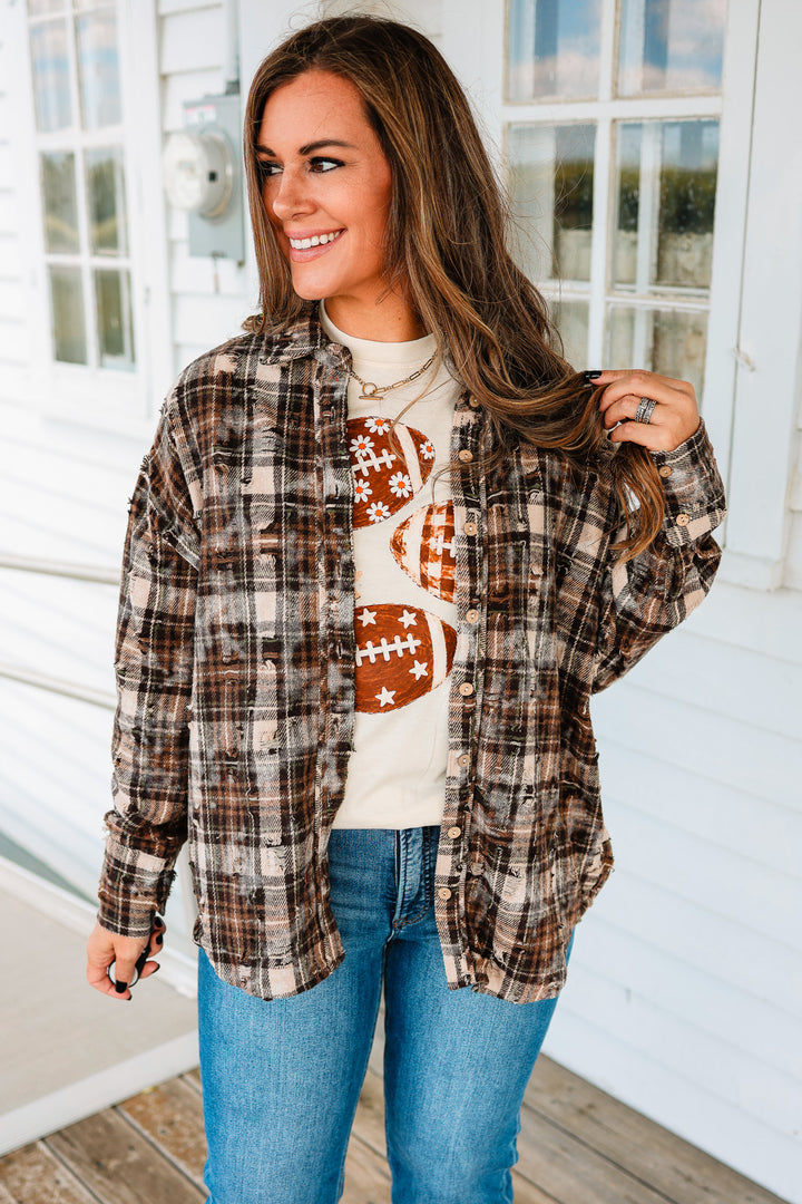 Alexa Distressed Button Down Flannel - Brown
