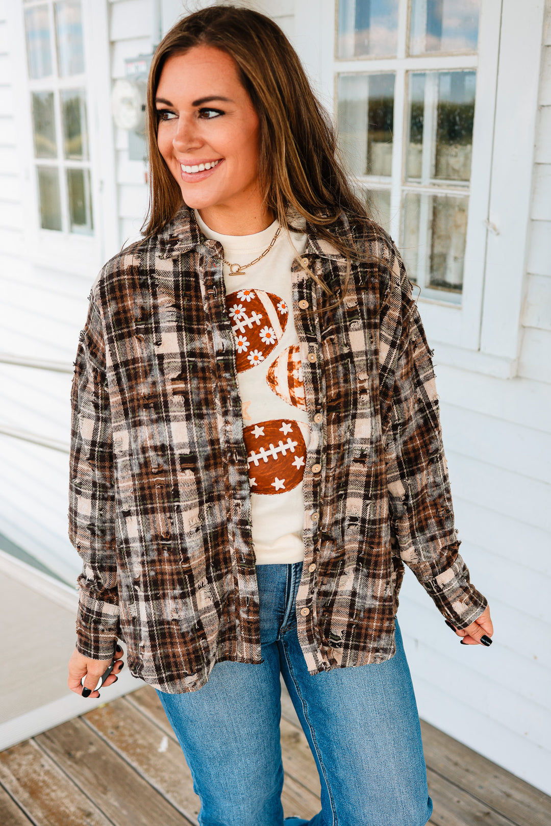Alexa Distressed Button Down Flannel - Brown