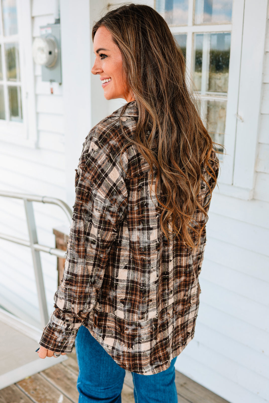 Alexa Distressed Button Down Flannel - Brown