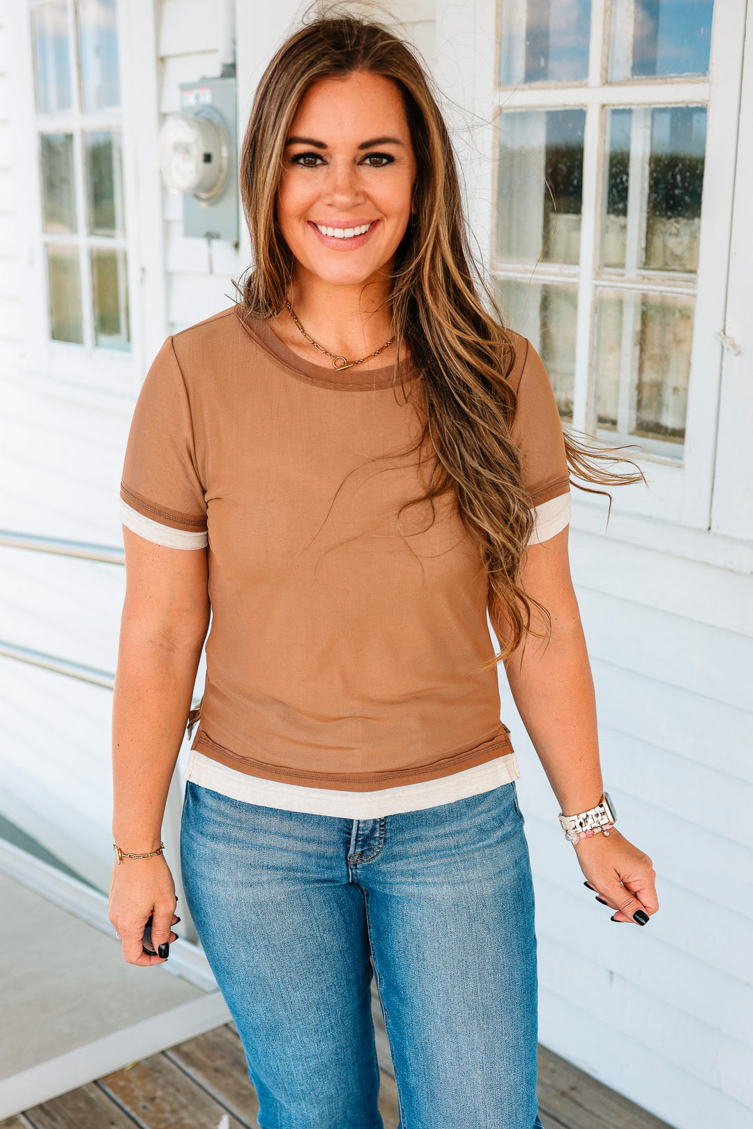 Tilly Colorblock Mesh Jersey Tee - Mocha