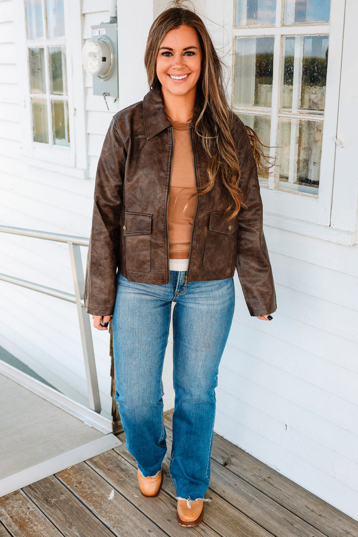 Zoey Faux Leather Utility Jacket - Brown