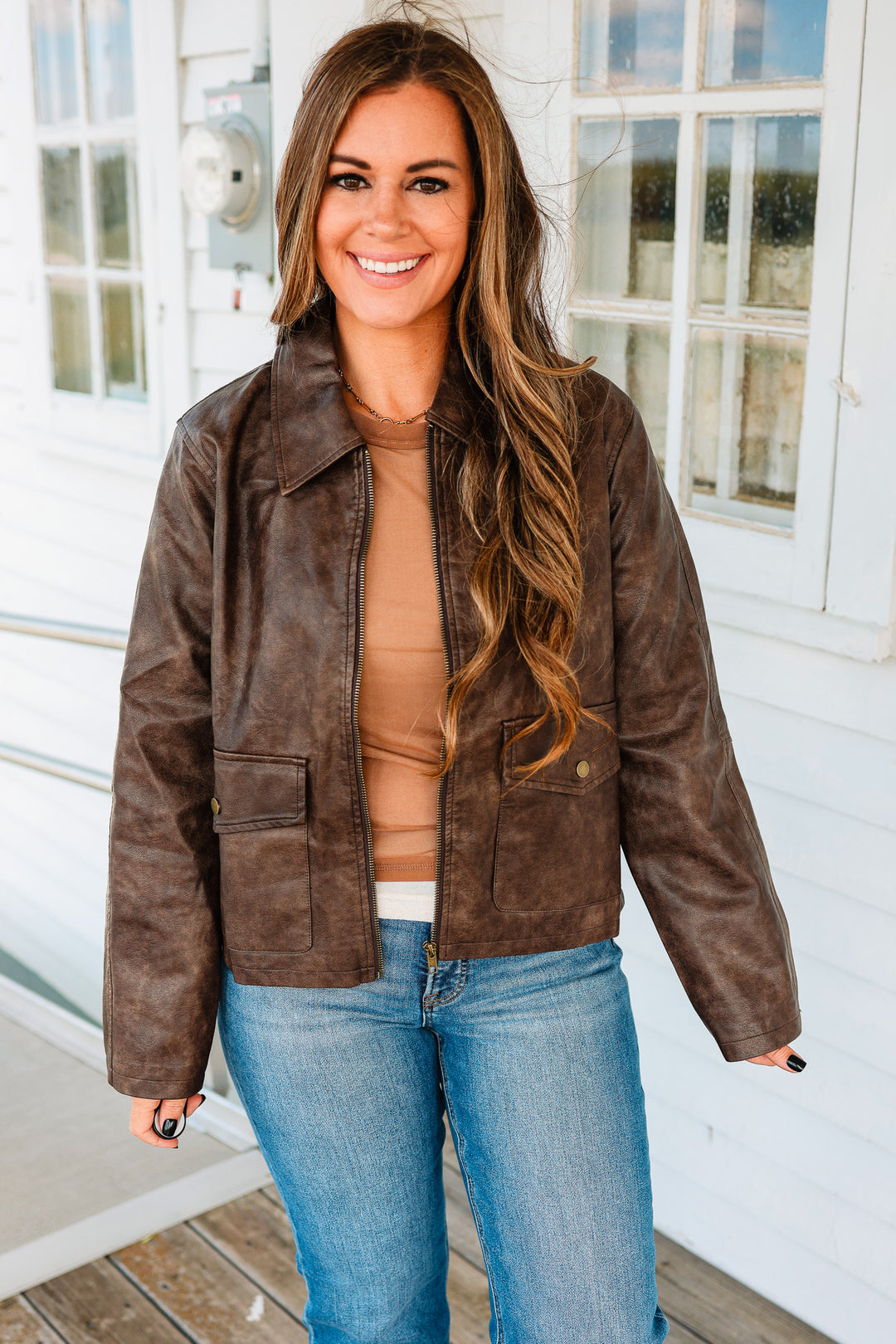 Zoey Faux Leather Utility Jacket - Brown