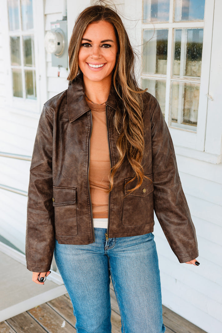 Zoey Faux Leather Utility Jacket - Brown