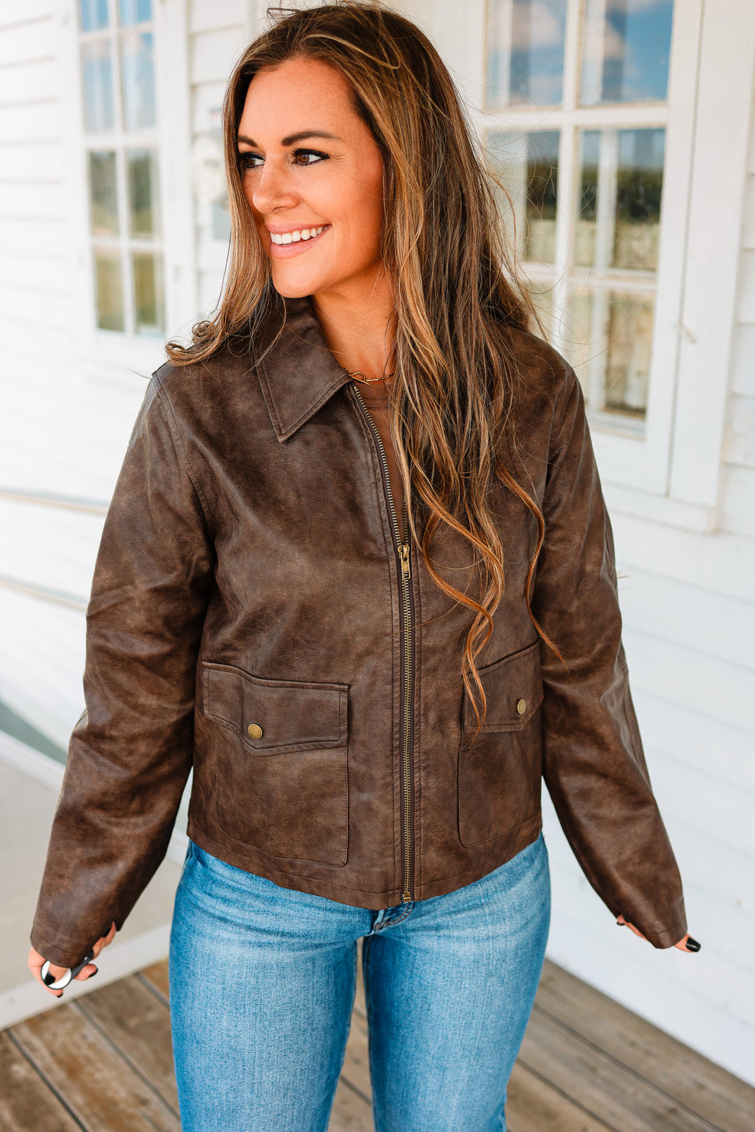 Zoey Faux Leather Utility Jacket - Brown