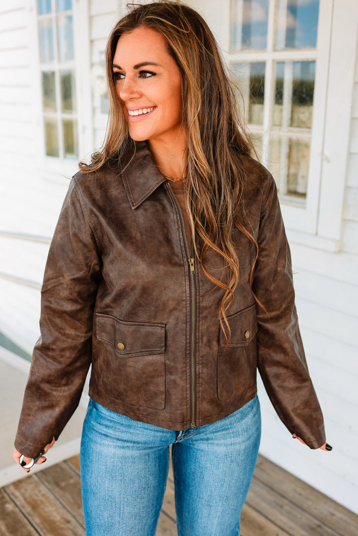 Zoey Faux Leather Utility Jacket - Brown
