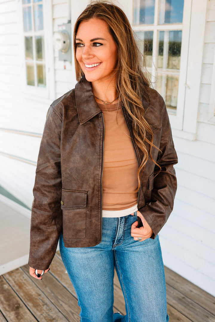 Zoey Faux Leather Utility Jacket - Brown