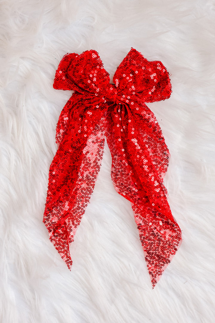 Sequin Organza Bow Hair Ribbon - Red