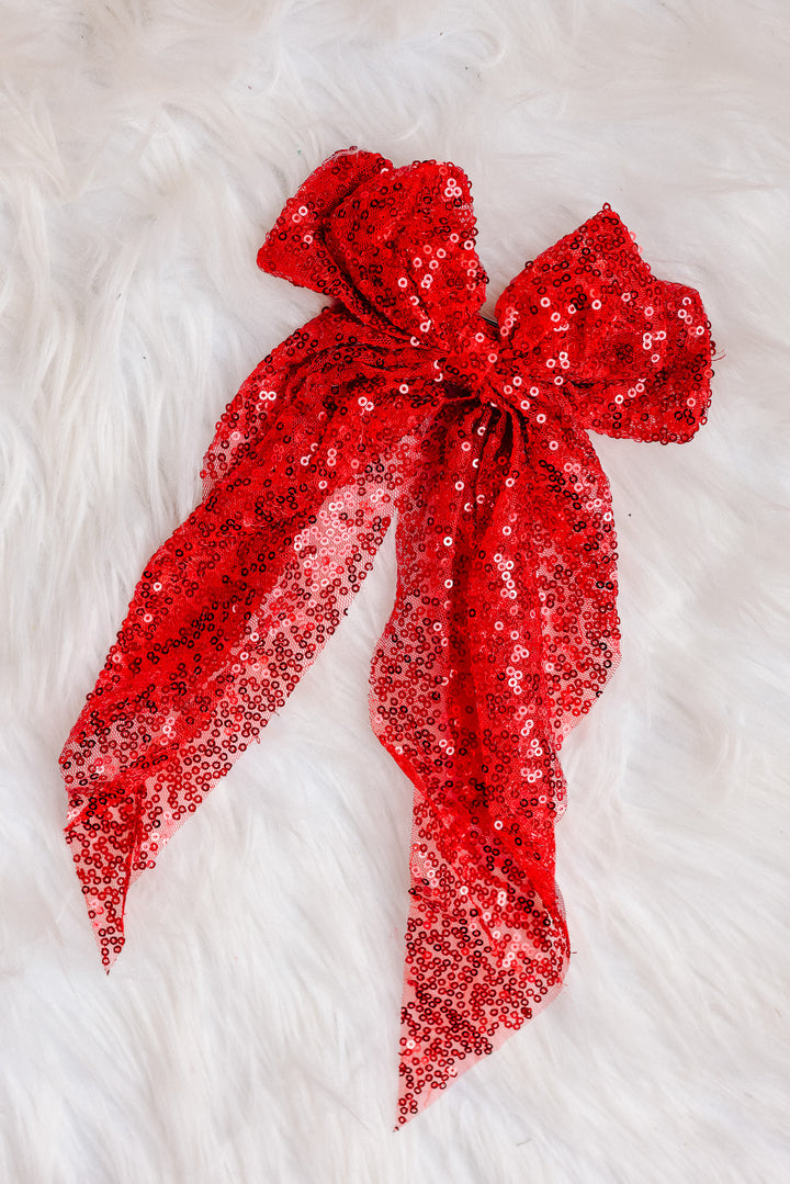Sequin Organza Bow Hair Ribbon - Red