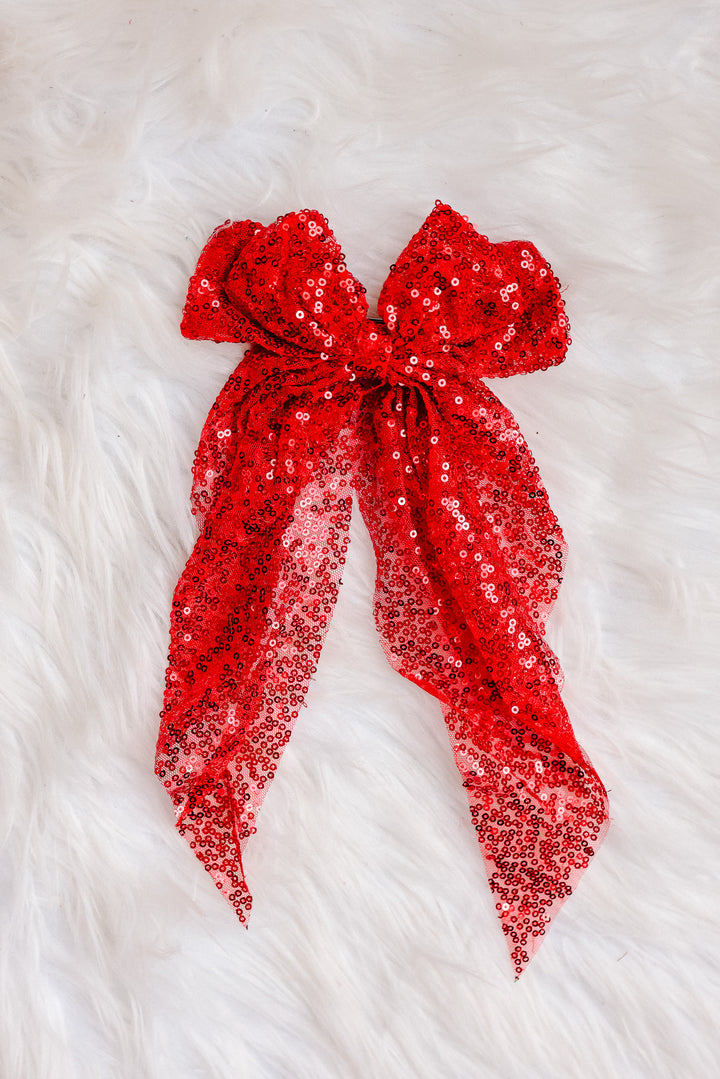 Sequin Organza Bow Hair Ribbon - Red