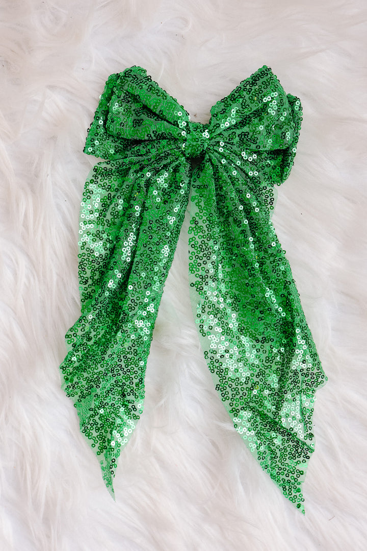 Sequin Organza Bow Hair Ribbon - Green