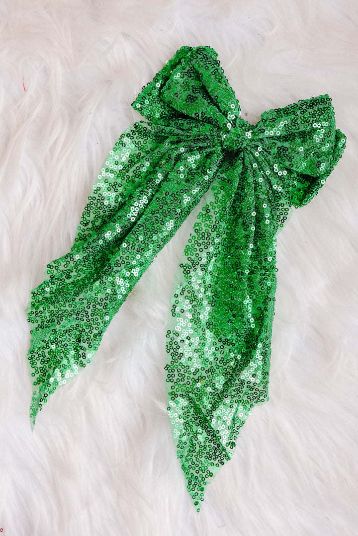 Sequin Organza Bow Hair Ribbon - Green