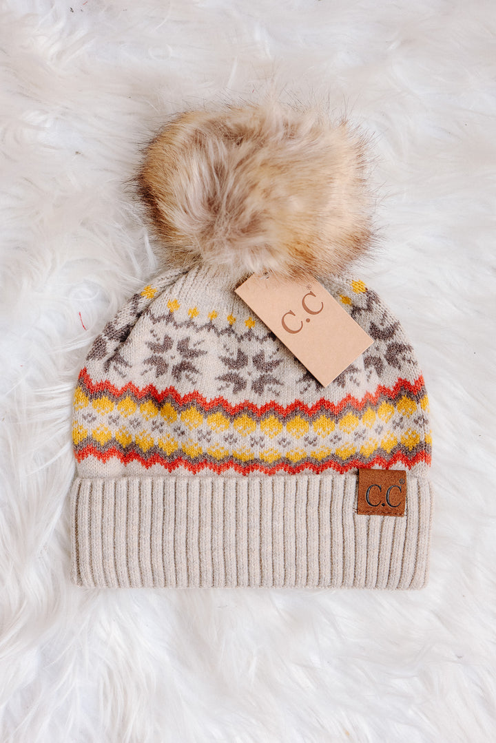 Nordic Fair Isle Beanie with Pom-Pom - Beige