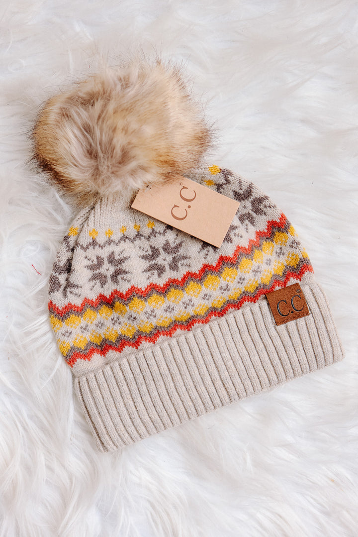 Nordic Fair Isle Beanie with Pom-Pom - Beige