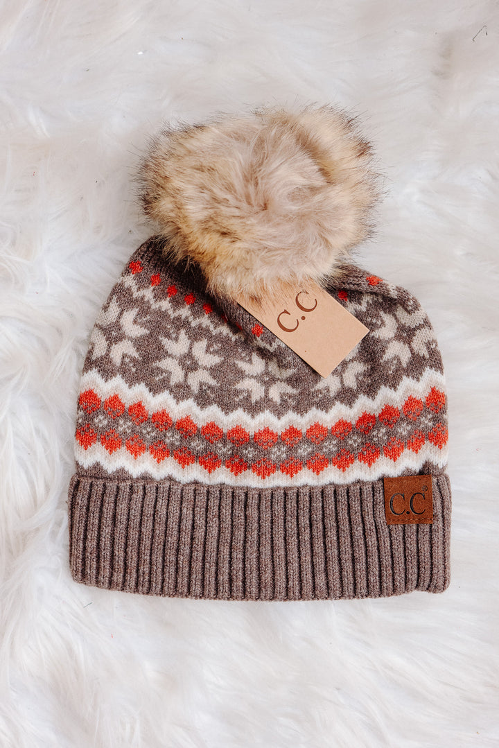 Nordic Fair Isle Beanie with Pom-Pom - Taupe