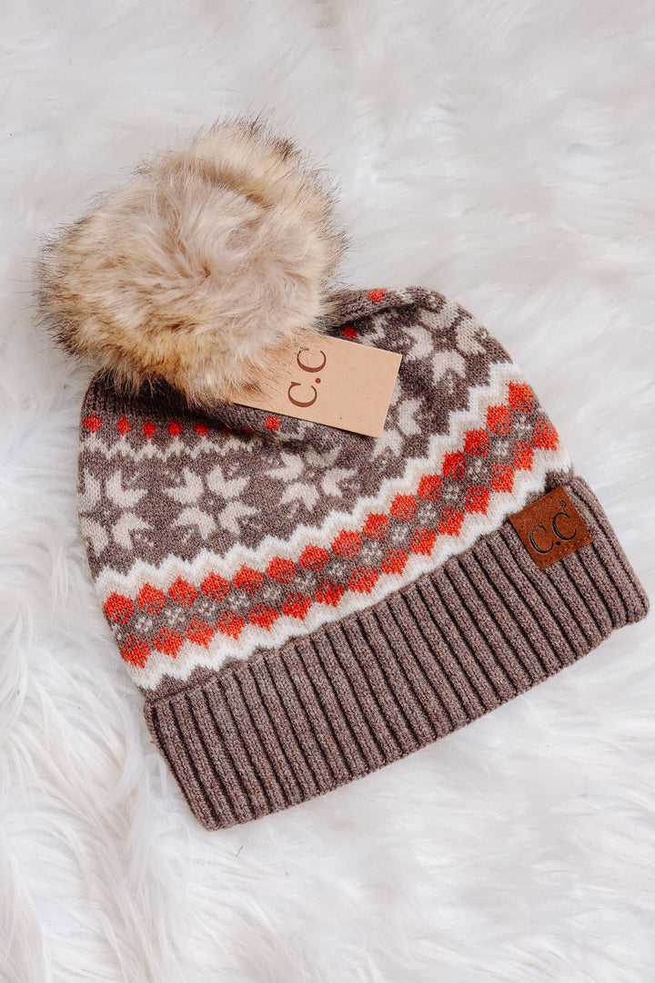 Nordic Fair Isle Beanie with Pom-Pom - Taupe