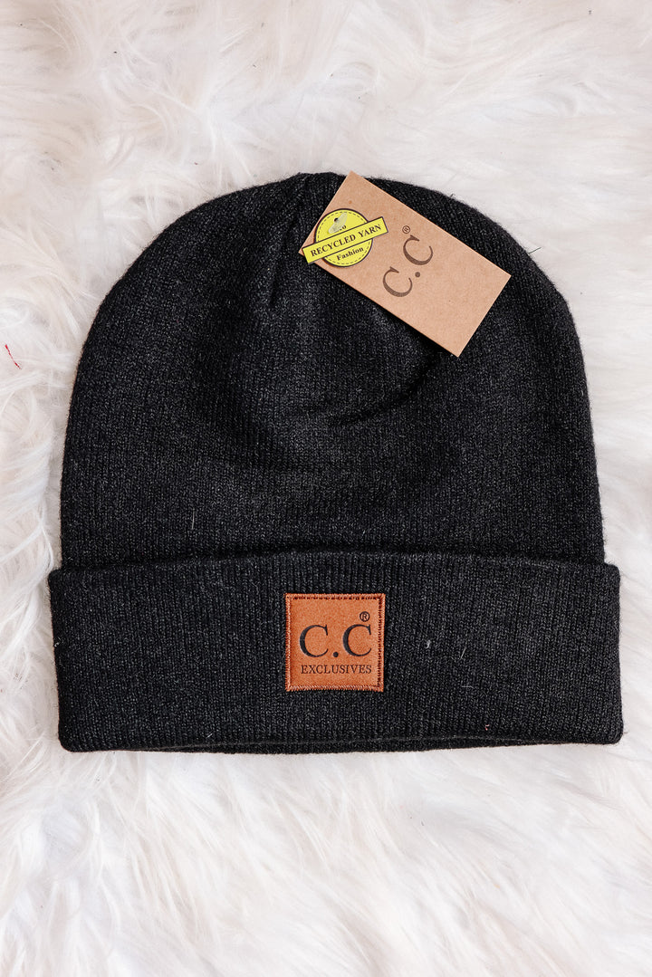 Heather Knit Classic Beanie Hat - Black