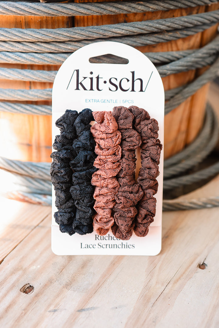 Ruched Lace Scrunchies 5pc Set - Black, Chocolate & Mocha
