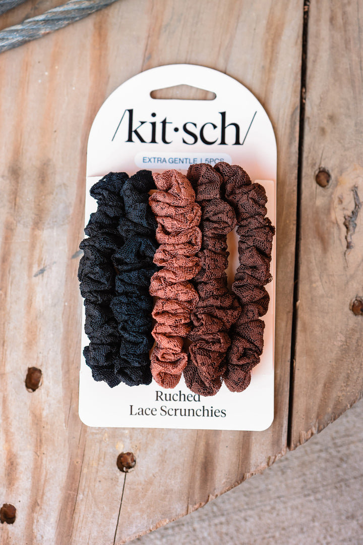Ruched Lace Scrunchies 5pc Set - Black, Chocolate & Mocha