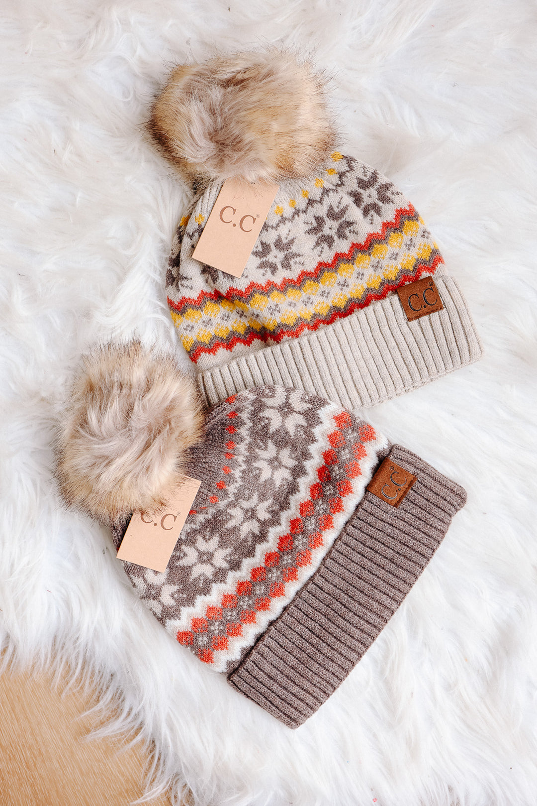 Nordic Fair Isle Beanie with Pom-Pom - Beige