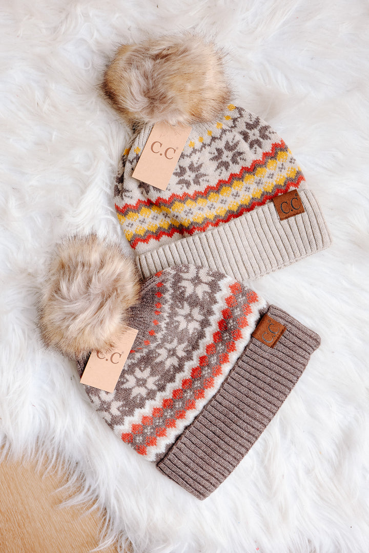 Nordic Fair Isle Beanie with Pom-Pom - Beige