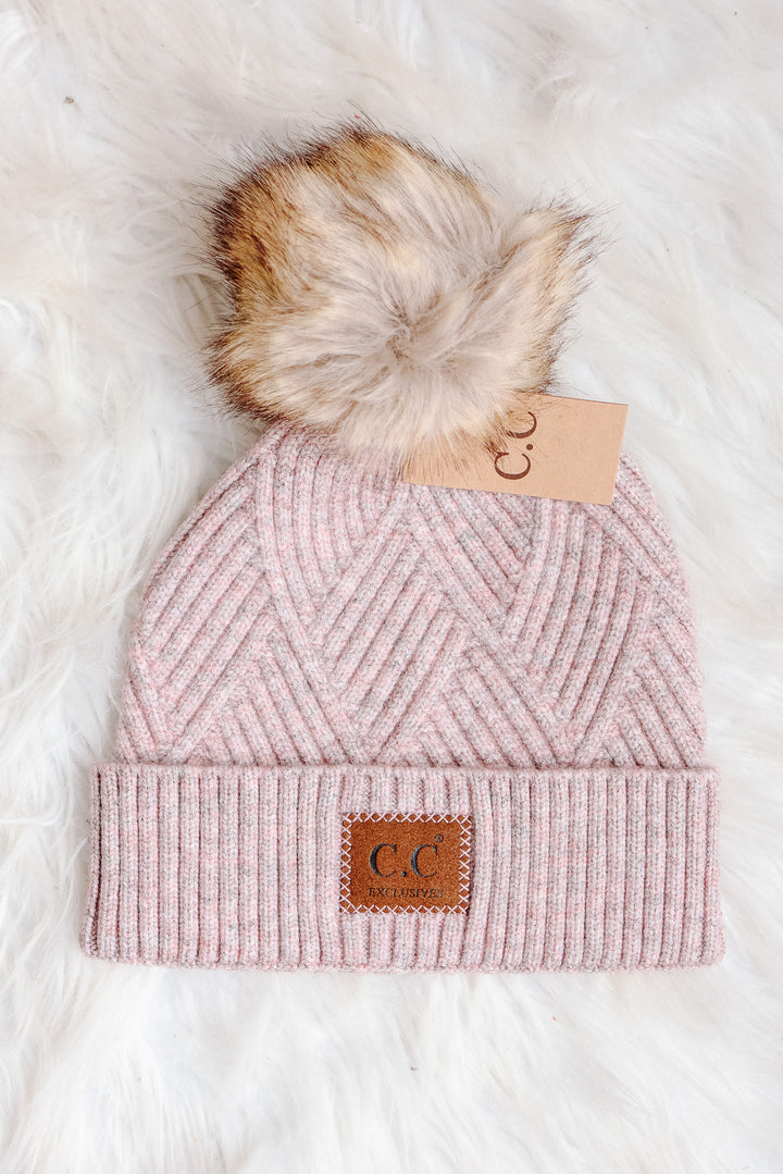 Heather Cuff Beanie with Pom-Pom - Rose Mix