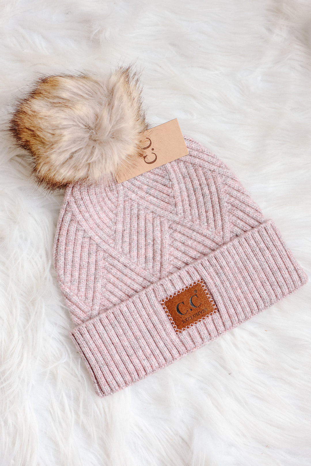 Heather Cuff Beanie with Pom-Pom - Rose Mix