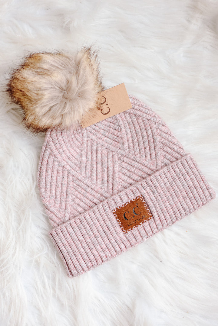 Heather Cuff Beanie with Pom-Pom - Rose Mix