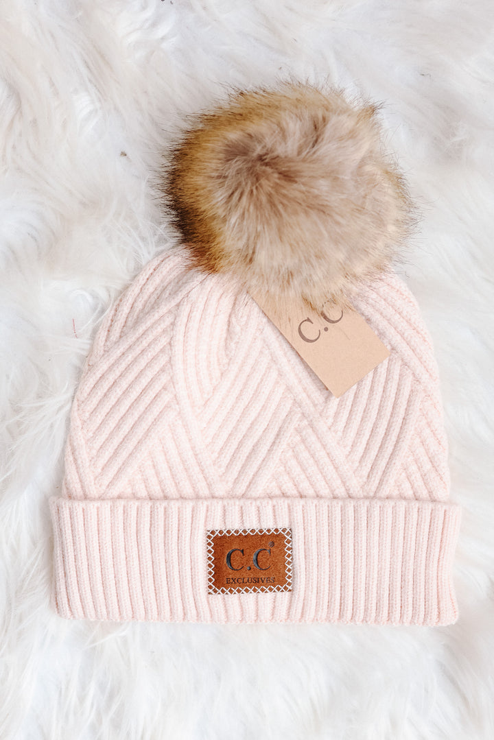 Heather Cuff Beanie with Pom-Pom - Light Beige