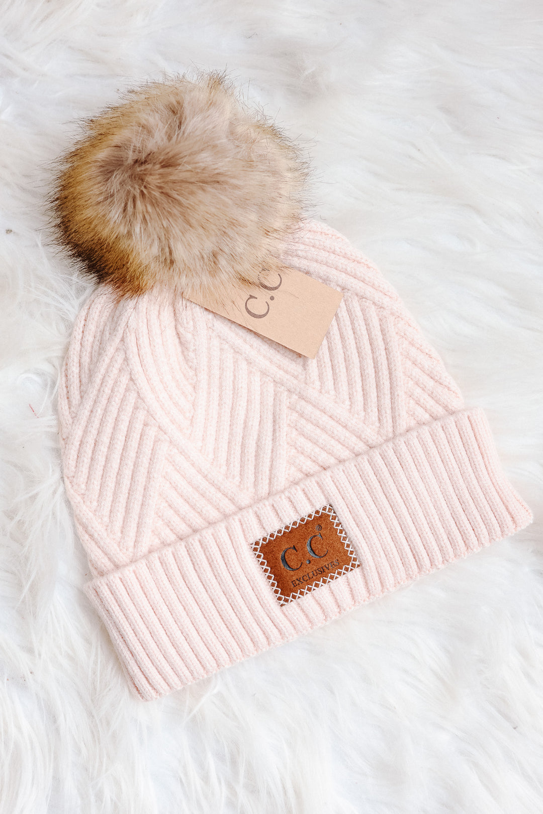 Heather Cuff Beanie with Pom-Pom - Light Beige
