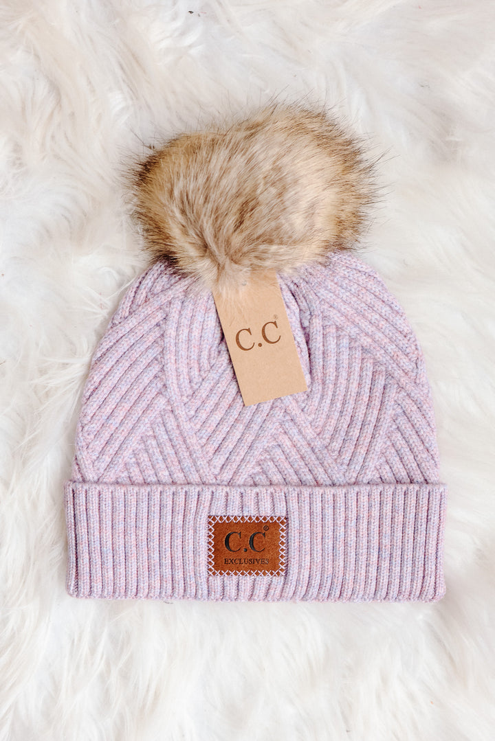Heather Cuff Beanie with Pom-Pom - Lavender Mix