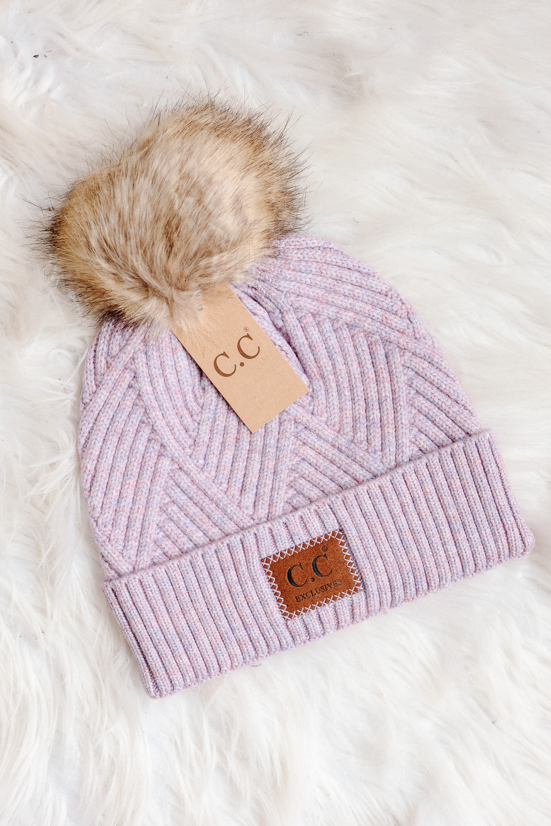 Heather Cuff Beanie with Pom-Pom - Lavender Mix