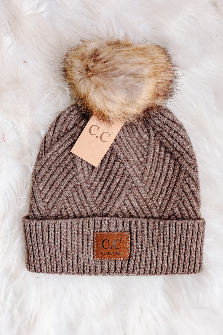 Heather Cuff Beanie with Pom-Pom - Taupe Mix