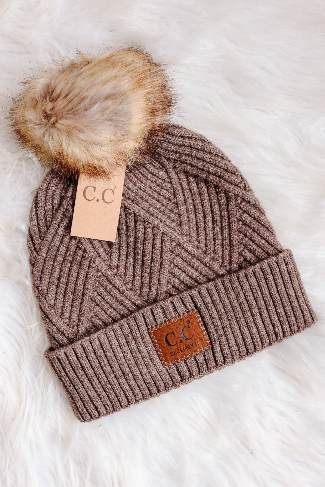 Heather Cuff Beanie with Pom-Pom - Taupe Mix