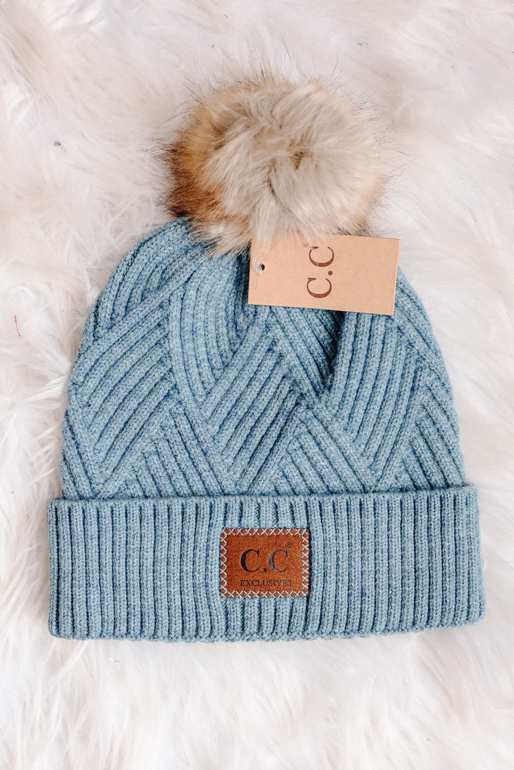 Heather Cuff Beanie with Pom-Pom - Steel Blue Mix