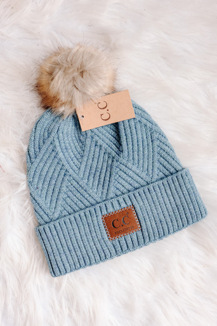 Heather Cuff Beanie with Pom-Pom - Steel Blue Mix