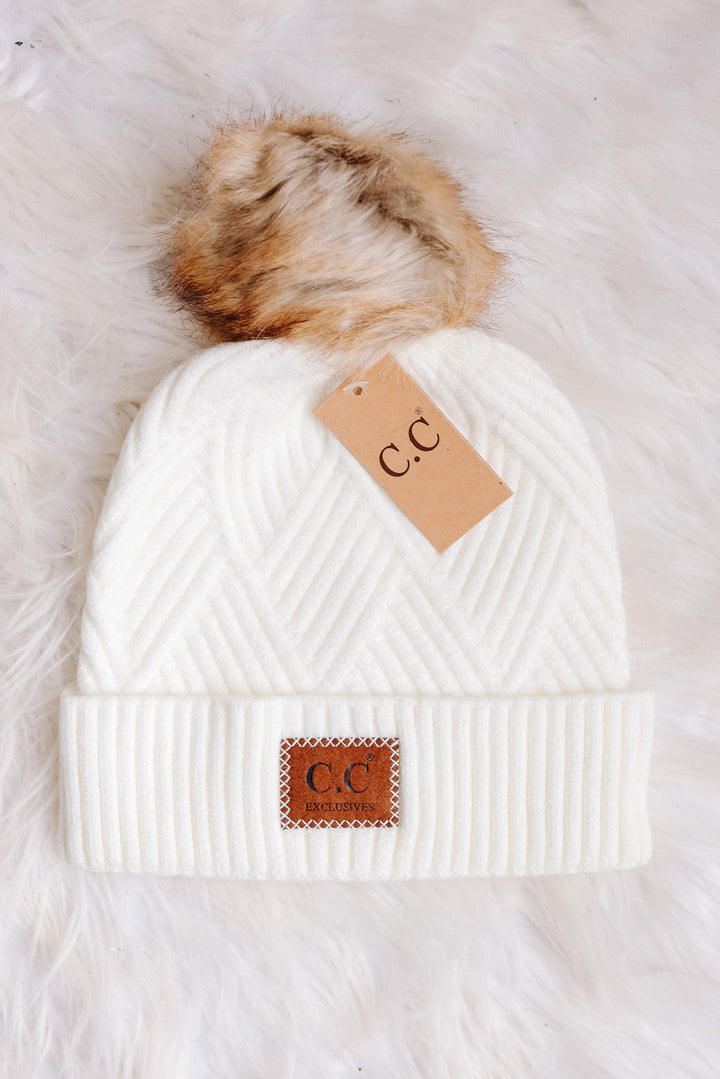 Heather Cuff Beanie with Pom-Pom - White
