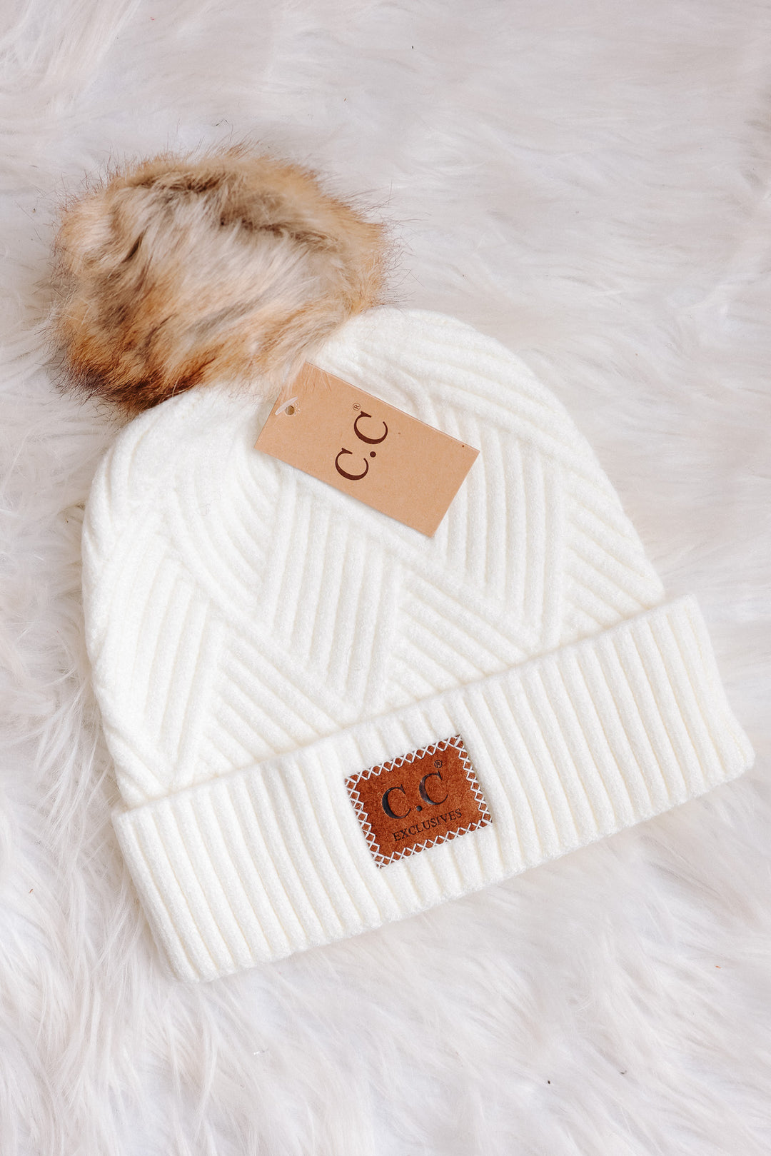 Heather Cuff Beanie with Pom-Pom - White