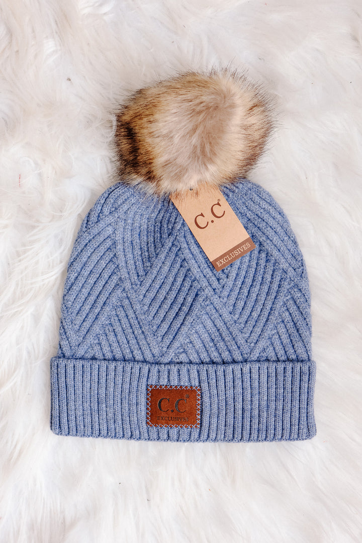 Heather Cuff Beanie with Pom-Pom - Denim Mix