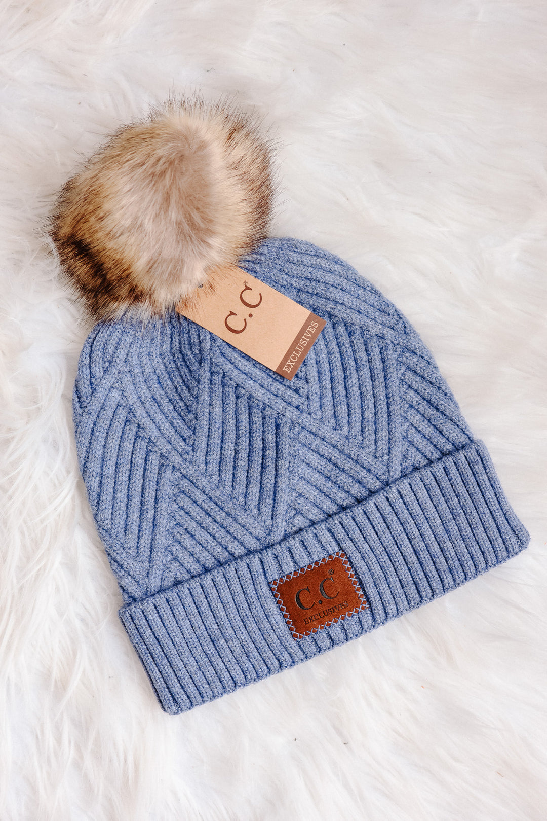 Heather Cuff Beanie with Pom-Pom - Denim Mix