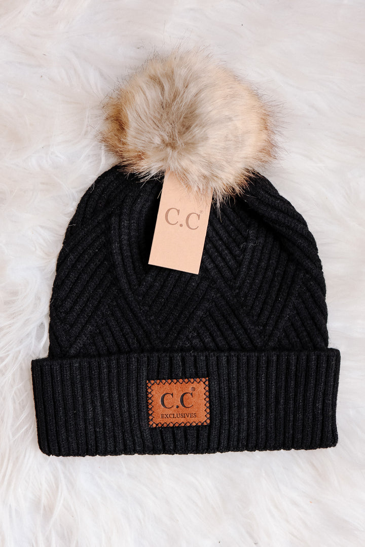 Heather Cuff Beanie with Pom-Pom - Black