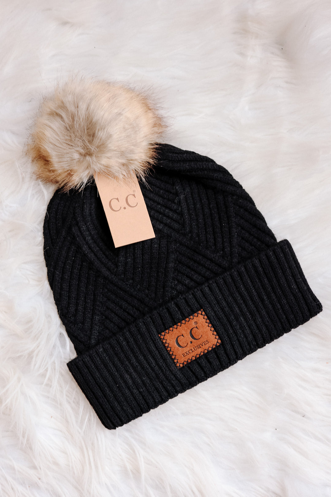 Heather Cuff Beanie with Pom-Pom - Black