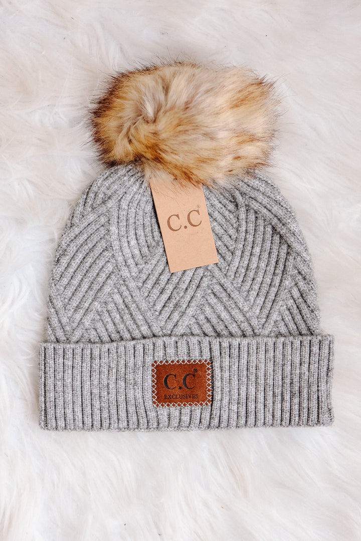 Heather Cuff Beanie with Pom-Pom - Light Grey Mix